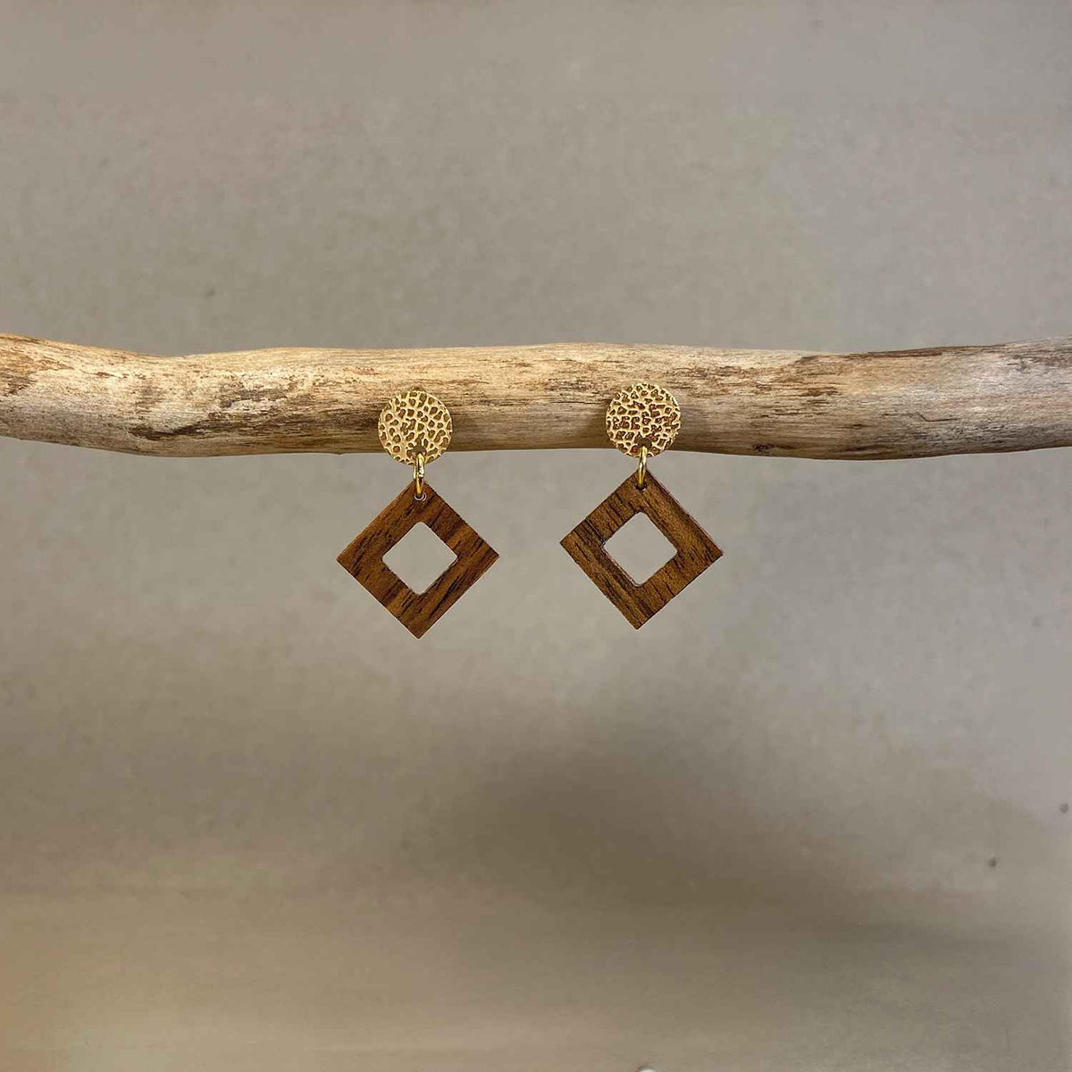 boucles d'oreilles clous carrés femme en bois de noyer et acier doré, accrochées à une branche, fabrication artisanale française, racines artisanat