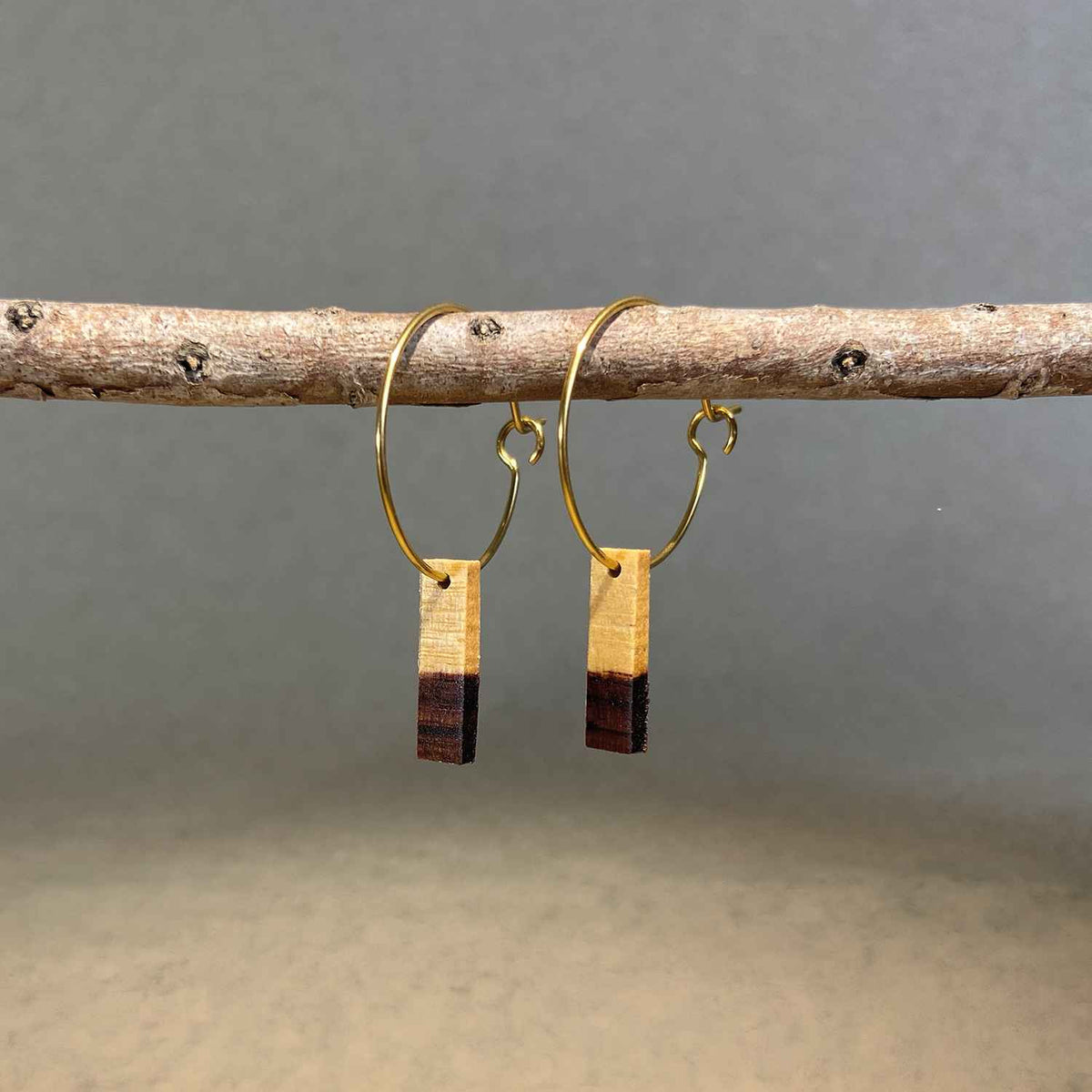 Small Wooden Bar Hoop Earrings - Gold