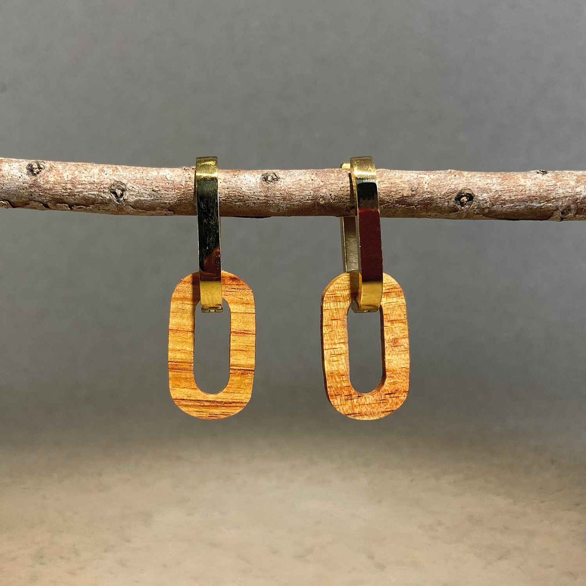 boucles d'oreilles créoles ovale femme en bois de rose et acier doré, suspendu à une branche, fabrication artisanale française, racines artisanat