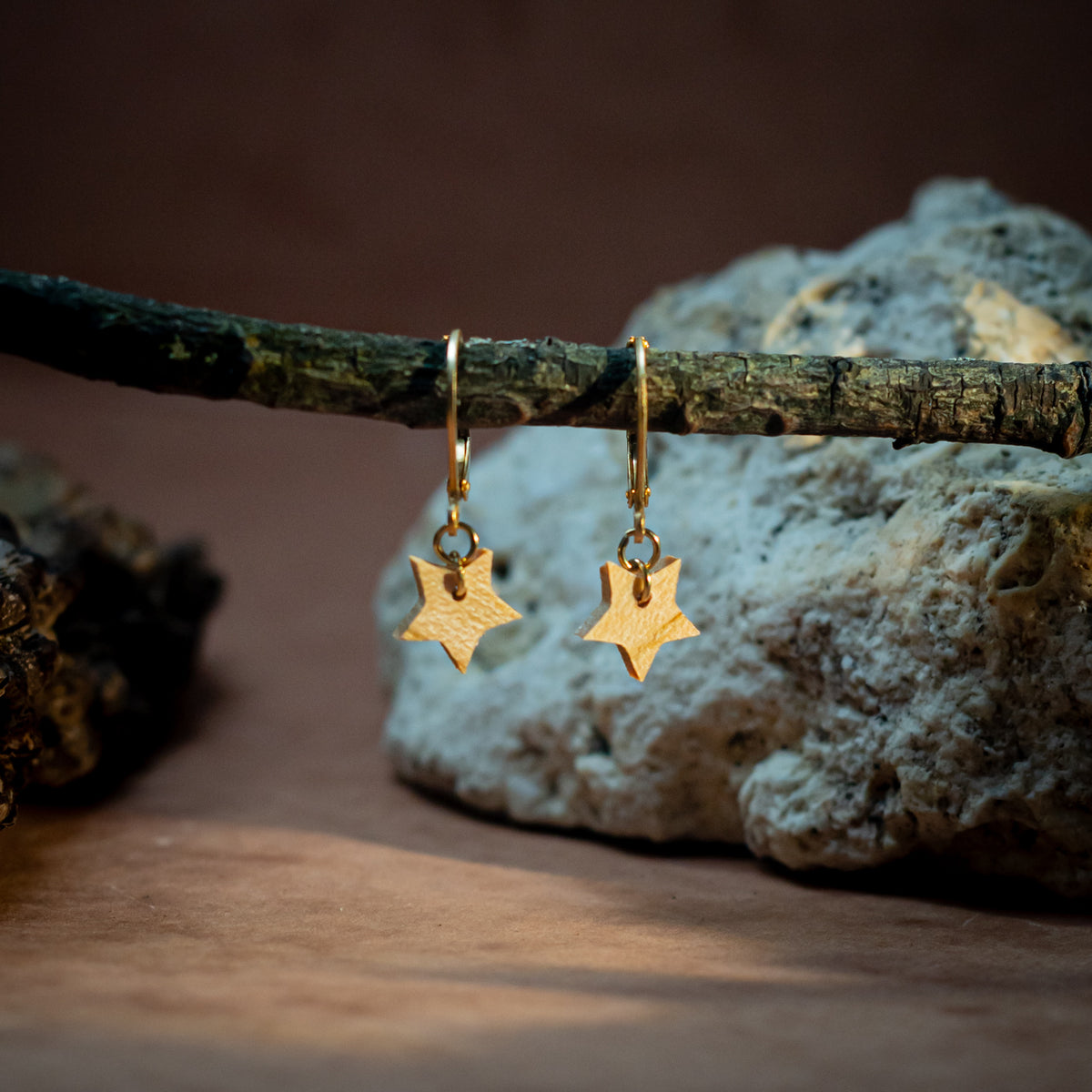 boucles d'oreilles étoiles femme en bois de merisier et acier doré, suspendues sur une branche, fabrication artisanale française, racines artisanat