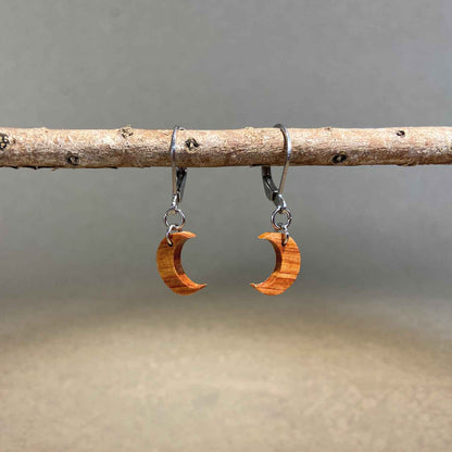 boucles d'oreilles demi-lune femme en bois de rose et acier argenté, suspendues à une branche, fabrication artisanale française, racines artisanat