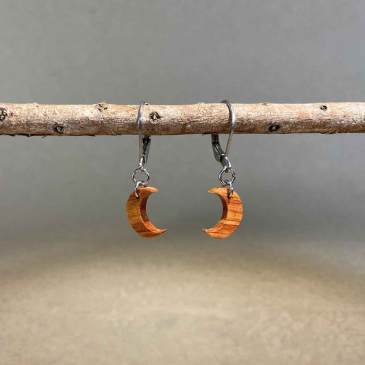 boucles d'oreilles demi-lune femme en bois de rose et acier argenté, suspendues à une branche, fabrication artisanale française, racines artisanat