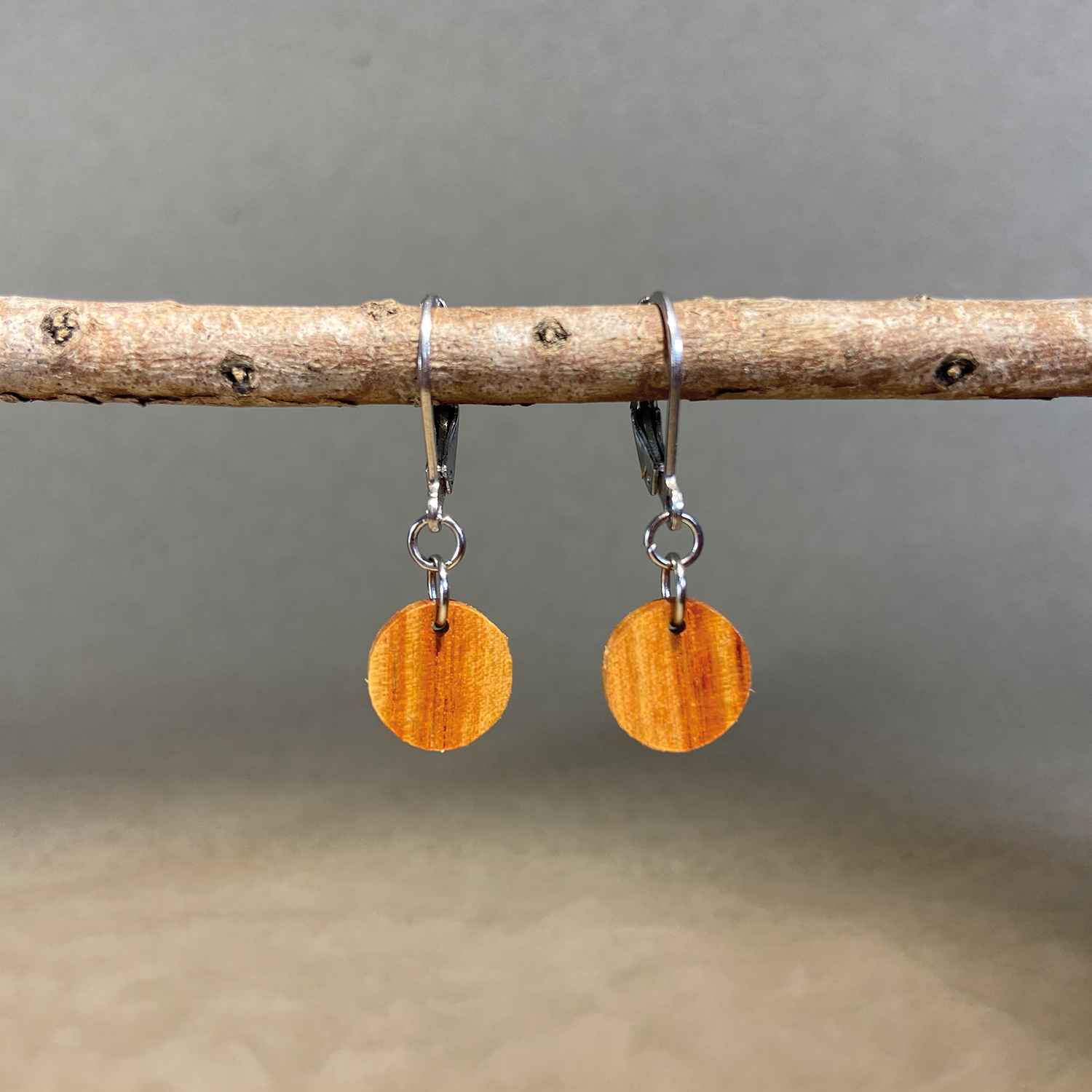boucles d'oreilles rondes femme en bois de rose et acier argenté, suspendues à une branche, fabrication artisanale française, racines artisanat