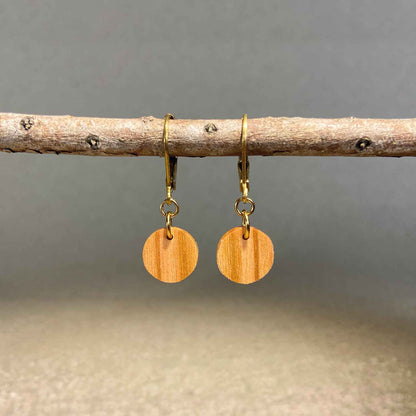 boucles d'oreilles rondes femme en bois d'olivier et acier doré, suspendues à une branche, fabrication artisanale française, racines artisanat