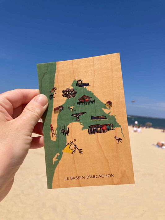 Carte postale en bois d'érable, carte illustrée du Bassin d'Arcachon par Atelier Palmito, papeterie, fabriqué en france, racines artisanat 