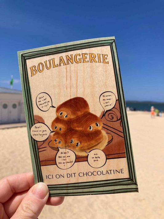 Carte postale en bois d'érable, illustration de chocolatines par Atelier Palmito, papeterie, fabriqué en france, racines artisanat 