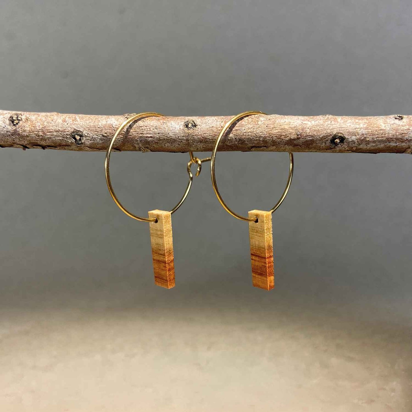 boucles d'oreilles créoles petite barre femme en aubier du bois de rose et acier doré, suspendues à une branche, fabrication artisanale française, racines artisanat